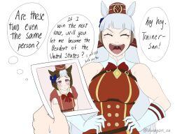  1girl :d aged_down animal_ears closed_eyes english_text gloves gold_ship_(umamusume) hands_on_own_hips horse_ears horse_girl laughing open_mouth photo_(object) pov pov_hands smile solo_focus speech_bubble trainer_(umamusume) twitter_username umamusume upper_body uvula wagon_(dwagon_sa) white_background white_gloves 