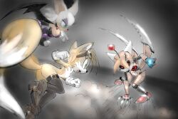  2girls animal_ears ass bat_ears bat_girl bat_wings blue_eyes boots breasts chaos_emerald ellie_prower fox_ears fox_girl fox_tail furry furry_female gloves goggles highres large_breasts multiple_girls red_eyes robot rouge_the_bat sonic_(series) tail tails_doll twistedterra wings 
