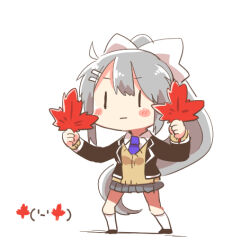 1girl black_jacket blazer blush_stickers bow brown_cardigan cardigan chibi closed_mouth collared_shirt full_body grey_hair grey_skirt hair_between_eyes hair_bow hair_ornament hairclip higuchi_kaede higuchi_kaede_(1st_costume) holding holding_leaf jacket kneehighs leaf long_hair lowres necktie nijisanji open_clothes open_jacket pleated_skirt ponytail purple_necktie rebecca_(keinelove) school_uniform shadow shirt simple_background skirt socks solo very_long_hair virtual_youtuber white_background white_bow white_shirt white_socks |_| 