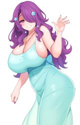  1girl absurdres blue_dress blue_flower breasts cleavage collarbone commission covered_navel dress flower hair_flower hair_ornament hair_over_one_eye highres huge_breasts jewelry long_hair mole mole_under_eye necklace original purple_eyes purple_hair purple_nails skeb_commission smile solo sundress suruga_(xsurugax) white_background 