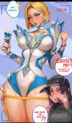  2girls absurdres arm_around_waist black_hair blonde_hair blue_lips blue_nails breasts cleavage emma_frost english_text facial_tattoo hat highres kittew large_breasts leotard marvel marvel_rivals multiple_girls psylocke purple_lips recording shoulder_spikes speech_bubble spikes tape_measure tattoo thick_thighs thighs viewfinder wide_hips x-men 