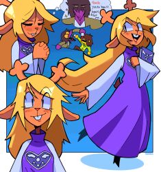  1other 2girls animal_ears animal_nose antlers barefoot blonde_hair blush book brown_eyes brown_fur brown_jacket brown_pants buck_teeth closed_eyes collared_shirt colored_sclera colored_skin cup deer_ears deer_tail deltarune disposable_cup dress drink eyelashes furry furry_female green_shirt highres holding holding_book hooves horns imagining jacket kris_(deltarune) long_dress long_hair long_sleeves looking_at_viewer medium_hair multiple_girls multiple_views noelle_holiday oakblu open_mouth orange_fur pants purple_dress purple_robe purple_scales purple_skin red_nose reindeer_antlers reindeer_girl robe sharp_chin sharp_teeth shirt smile susie_(deltarune) tail teeth typo wavy_mouth wide-eyed yellow_sclera 