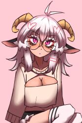  1girl animal_ears antenna_hair bags_under_eyes black_skirt breasts cleavage_cutout clothing_cutout fur-trimmed_skirt fur_trim hair_ornament hair_over_eyes hairclip highres horns kneehighs light_blush long_eyelashes long_sleeves looking_at_viewer m8n8xide medium_hair navel nose original pink_background pink_eyes round_eyewear sheep_ears sheep_girl sheep_horns sidelocks simple_background sitting skirt socks solo sweater tan v-shaped_eyebrows white_hair white_socks 
