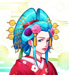  1girl aqua_hair closed_mouth commentary_request japanese_clothes kimono korean_commentary kouzuki_hiyori looking_at_viewer making-of_available nihongami oiran one_piece red_kimono shem_art11 sidelocks smile solo upper_body 