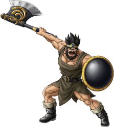  1boy artist_request asymmetrical_dual_wielding axe beard belt black_belt black_boots black_eyes black_facial_hair black_hair blue_gemstone boots brown_tunic circlet collarbone dragon_quest dragon_quest_iii dragon_quest_tact dual_wielding facial_hair full_body game_cg gem gold_circlet holding holding_axe holding_shield looking_at_viewer male_focus mature_male muscular muscular_male official_art open_mouth ortega_(dq3) scar scar_across_eye scar_on_arm scar_on_chest scar_on_face scar_on_leg shield solo spiked_hair third-party_source tunic white_background 