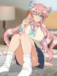  1girl blue_bow blue_bowtie blurry blurry_background bow bowtie breasts crossed_bangs flower green_eyes gyaru hair_between_eyes hair_flower hair_ornament hair_wings hata_(pixiv10403940) highres large_breasts long_hair looking_at_viewer loose_socks maria_cadenzavna_eve on_bed one_eye_closed photo_background pink_hair plaid_clothes plaid_skirt school_uniform senki_zesshou_symphogear sidelocks sitting skirt socks solo sweater v very_long_hair y2k_fashion 
