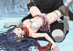  1boy 1girl bare_shoulders blue_eyes blue_hair blush bow bow_bra bra breasts bruise censored crying crying_with_eyes_open cum cum_in_mouth cum_in_pussy cum_on_body cum_on_clothes cum_on_stomach dawn_(pokemon) defeat empty_eyes facial hair_ornament hairclip hetero injury long_hair lying medium_breasts mosaic_censoring navel nintendo nipples on_back one_breast_out open_mouth panties panties_around_leg pink_skirt pokemon pokemon_dppt pussy rape red_scarf scared scarf sex skirt solo_focus spread_legs tears thighhighs torn_clothes torn_skirt torn_thighhighs tsukishiro_saika underwear vaginal white_bra white_panties wide-eyed 