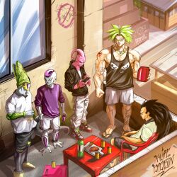  5boys absurdres alcohol alternate_costume ankle_monitor arm_tattoo artist_name bad_boy_(brand) beef beer beer_can biceps black_eyes black_hair black_jacket black_nails black_sclera black_shorts black_tank_top bracelet brazil brazilian_flag broly_(dragon_ball_z) can cell_(dragon_ball) cellphone chair character_tattoo chicken_(food) closed_mouth colored_sclera colored_skin cup dragon_ball dragonball_z drink_can facial_tattoo filipeemerson3 final_form_frieza food frieza full_body gold_necklace graffiti green_hair grey_skin highres holding holding_cup holding_phone house jacket jewelry leg_tattoo legendary_super_saiyan majin_buu male_focus multiple_boys muscular muscular_male necklace nike_(company) no_eyebrows no_pupils pants perfect_cell phone piercing pink_skin portuguese_text purple_shirt raditz red_eyes road serious shirt shoes shorts sidewalk signature sitting slums sneakers soda_bottle son_goku spiked_hair standing street super_buu super_saiyan t-shirt table tank_top tattoo white_pants white_shirt white_shorts white_skin window 