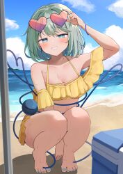  1girl absurdres alternate_costume arm_between_legs arm_up barefoot beach bead_bracelet beads bikini blue_sky bracelet breasts cleavage cloud collarbone commentary day eyewear_on_head full_body green_eyes green_hair green_nails grin heart heart-shaped_eyewear heart_of_string highres jewelry kirikaze_ren komeiji_koishi looking_at_viewer medium_breasts nail_polish ocean outdoors short_hair sky smile solo squatting sunglasses swimsuit third_eye tinted_eyewear toenail_polish toenails toes touhou yellow_bikini 