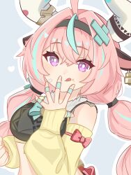  1girl aqua_background detached_sleeves genshin_impact haonkpizfz44569 highres horns licking_lips looking_at_viewer pink_hair portrait purple_eyes sleeveless solo tongue tongue_out varesa_(genshin_impact) 