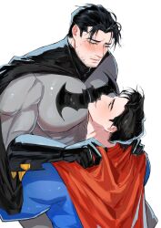  2boys bara batman batman_(series) batman_symbol beard_stubble black_cape black_gloves black_hair blue_bodysuit blush bodysuit bruce_wayne cape carrying carrying_person commentary covered_pectorals dc_comics elbow_gloves eye_contact facial_hair gloves grey_bodysuit hands_on_another&#039;s_shoulders hashtag-only_commentary head_back highres large_pectorals looking_at_another male_focus multiple_boys muscular muscular_male parted_lips pectorals peipei24 red_cape short_sideburns simple_background smile stubble superman superman_(series) white_background yaoi 