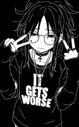  1girl black_background black_shirt choker closed_mouth clothes_writing cross cross_necklace ear_piercing glasses greyscale hair_between_eyes highres jewelry looking_at_viewer medium_hair messy_hair monochrome necklace original piercing puriririririri ring shirt simple_background solo sweat v wavy_mouth  rating:General score:8 user:danbooru