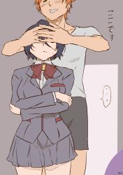  1boy 1girl absurdres bare_legs bedroom black_hair bleach blush closed_eyes couple covering_another&#039;s_eyes crossed_arms door hair_over_eyes hands_on_another&#039;s_head highres jacket kuchiki_rukia kurosaki_ichigo long_sleeves maxiart medium_hair miniskirt orange_hair pale_skin parted_bangs ribbon school_uniform shirt short_hair short_sleeves shorts skirt speech_bubble sweat sweatdrop very_short_hair white_shirt 
