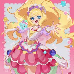  1girl absurdres apron back_bow blonde_hair blue_eyes blueberry border bow bow_apron bridal_gauntlets brooch collar collarbone collared_shirt corset cowboy_shot cross-laced_clothes cross-laced_top cure_finale delicious_party_precure detached_collar dot_nose eyelashes food food-themed_clothes food_print fruit fruit_print gold_corset gold_ring green_bow hairband hat_ornament heart heart_brooch heart_hat_ornament high_ponytail highres jewelry kasai_amane lace_background lapels large_bow layered_shirt light_blush long_hair long_sleeves magical_girl miniskirt open_mouth orange_outline outline outstretched_arms parfait_recipipi peaked_lapels petticoat pink_border pink_bow pink_skirt ponytail precure puffy_long_sleeves puffy_sleeves purple_brooch purple_sleeves purple_tiara recipipi shipu_(gassyumaron) shirt sidelocks signature skirt smile solo star_(symbol) strawberry_print thighs three-quarter_sleeves tiara train_(clothing) very_long_hair waist_apron wavy_hair white_apron white_background white_bridal_gauntlets white_collar white_hairband white_shirt wide_hips yellow_shirt 