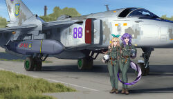  2girls absurdres aircraft airplane artist_name black_gloves blonde_hair blue_sky blush bow braid dragon_girl dragon_tail fairy fighter_jet flight_suit full_body g-suit gloves grass green_jumpsuit green_ribbon hair_behind_ear hair_ornament hair_ribbon hand_on_another&#039;s_shoulder head_wings helmet heterochromia highres jumpsuit korzynka_persykiv long_hair looking_at_viewer military military_vehicle multiple_girls nijisanji nijisanji_en open_mouth outdoors pilot pilot_helmet pointy_ears pomu_rainpuff purple_hair purple_wings red_eyes ribbon russo-ukrainian_war selen_tatsuki signature sky smile storm_shadow_(missile) su-24 tail tongue tongue_out tryzub twin_braids ukraine virtual_youtuber wings 