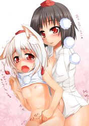 2girls age_difference animal_ears bad_id bad_pixiv_id black_hair blush breasts clothes_lift female_focus fingering flat_chest hat holding_another&#039;s_wrist inubashiri_momiji loli masturbation multiple_girls navel nipples onee-loli open_mouth red_eyes shameimaru_aya shirt_lift short_hair small_breasts tears terazip tokin_hat touhou white_hair wolf_ears yuri rating:Explicit score:57 user:danbooru