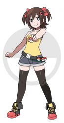 1girl :q belt belt_skirt black_thighhighs blue_eyes breasts brown_hair camisole closed_mouth female_focus full_body hair_between_eyes hair_ribbon highres legs_apart looking_at_viewer nintendo original parody poke_ball poke_ball_(basic) poke_ball_hair_ornament pokemon red_ribbon ribbon shoes short_shorts shorts simple_background sky-freedom sky_(sky-freedom) small_breasts smile sneakers solo standing style_parody thighhighs tongue tongue_out twintails two_side_up white_background rating:Sensitive score:31 user:danbooru