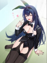  1girl alche_(benruce) animal_ears arm_support black_bow black_bowtie black_hair black_leotard black_nails black_suit black_thighhighs blush bow bowtie breasts cleavage closed_eyes commentary_request detached_collar fake_animal_ears formal_clothes full_body gluteal_fold groin heart highleg highleg_leotard highres izayoi_arisa large_breasts leotard long_hair long_sleeves nail_polish on_floor open_mouth playboy_bunny rabbit_ears sitting smile solo sono_bisque_doll_wa_koi_wo_suru strapless strapless_leotard suit thighhighs thighs tile_floor tiles traditional_bowtie translation_request tuxedo v 
