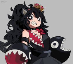  1girl animal_ears armlet black_choker black_dress black_eyes black_hair bow breasts bright_pupils chain chain_chomp choker cleavage clenched_teeth crown dress drooling extra_mouth high_ponytail highres jewelry long_hair looking_at_viewer mario_(series) messy_hair mini_crown mouth_drool mr_plagu3 multiple_heads new_super_mario_bros._u_deluxe nintendo no_hands open_mouth ponytail princess_chain_chomp red_bow sharp_teeth sleeveless sleeveless_dress solo teeth upper_body white_pupils 