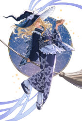  1girl alternate_costume apron blonde_hair blue_kimono bow braid broom cancer_(constellation) canis_minor_(constellation) chinese_commentary closed_eyes columba_(constellation) commentary_request constellation facing_viewer full_body grin grover.y hair_bow hair_over_one_eye hand_up hat hat_bow highres holding holding_broom hydra_(constellation) japanese_clothes kimono kirisame_marisa leo_(constellation) lepus_(constellation) long_sleeves lyra_(constellation) mini-hakkero obi platform_sandals print_kimono sandals sash side_braid single_braid smile socks solo star_(symbol) star_chart star_map star_print tabi touhou waist_apron white_apron white_bow white_socks wide_sleeves witch_hat 