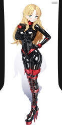  1girl absurdres aqua_eyes black_bodysuit black_corset blonde_hair bodysuit boots breasts collar corset cuffs full_body garter_straps hand_on_own_hip high_heel_boots high_heels highres lace-up_boots large_breasts latex latex_bodysuit lipstick long_hair looking_at_viewer maguro27 makeup microphone mole mole_under_mouth original platform_heels shadow shiny_clothes skin_tight skindentation solo standing sweat thigh_boots 