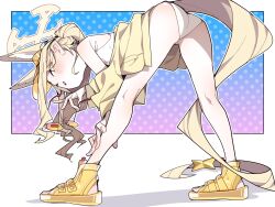  1girl absurdres animal_ear_fluff animal_ears ass bare_legs bare_shoulders bent_over blonde_hair blue_archive blush commentary cross_halo english_commentary extra_ears fingernails fox_ears fox_girl fox_tail from_behind gradient-tinted_eyewear half-closed_eyes halo hand_on_own_ankle highleg highleg_one-piece_swimsuit highres holding holding_removed_eyewear jacket kneepits koyansuee leaning_forward loli long_hair long_sleeves looking_at_viewer looking_back off_shoulder one-piece_swimsuit one_eye_closed outline parted_lips sandals seia_(blue_archive) seia_(swimsuit)_(blue_archive) side_ponytail sidelocks smile solo spread_legs standing sunglasses swimsuit tail tail_ornament thighs tinted_eyewear toenails toes unworn_eyewear very_long_hair very_long_tail visor_cap wavy_hair white_one-piece_swimsuit white_outline yellow_eyes yellow_halo yellow_jacket yellow_sandals 