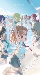  6+girls :d \||/ ^_^ absurdres arm_up beach bird black_hair blonde_hair blue_hair blurry blurry_foreground braid brown_hair closed_eyes commentary crown_braid green_eyes green_neckerchief grey_hair grey_sailor_collar grey_skirt grin hair_bun hair_ornament hair_rings hairclip half_updo highres kunikida_hanamaru kurosawa_dia kurosawa_ruby long_hair looking_at_viewer looking_to_the_side love_live! love_live!_sunshine!! matsuura_kanan medium_hair miniskirt multiple_girls neckerchief ohara_mari one_side_up open_mouth orange_hair pleated_skirt profile purple_eyes red_eyes red_neckerchief sailor_collar sakurauchi_riko sand_writing school_uniform seagull serafuku shirt short_hair short_sleeves single_hair_ring single_side_bun skirt smile song_name standing summer_uniform sunkeun takami_chika tsushima_yoshiko two_side_up uranohoshi_school_uniform wading watanabe_you white_shirt yellow_eyes yellow_neckerchief 