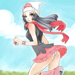 1girl artist_request ass beanie black_hair blue_eyes blush boots dawn_(pokemon) female_focus hat long_hair looking_at_viewer nintendo panties pantyshot pokemon scarf solo underwear rating:Questionable score:39 user:obscuro