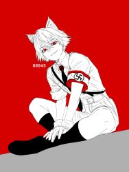  1boy animal_ears belt cat_boy cat_ears gloves hellsing highres knees male_focus military_uniform nazi necktie red_background red_eyes schroedinger_(hellsing) short_hair sitting solo swastika timatsuda white_gloves 