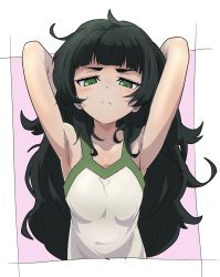  1girl armpits arms_up black_hair blush female_focus frown green_eyes half-closed_eyes highres hiyajou_maho long_hair messy_hair outside_border ringed_eyes sadarann solo steins;gate upper_body  rating:General score:91 user:ponekad