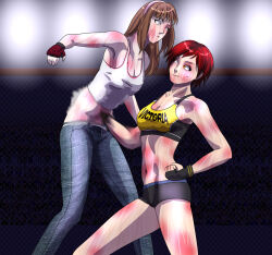  2girls artist_request catfight dead_or_alive hitomi_(doa) mila_(doa) multiple_girls punching ryona smile stomach_punch sweat sweatdrop tagme 