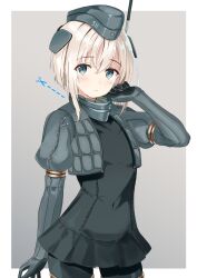  1girl alternate_hair_length alternate_hairstyle black_dress blonde_hair blue_eyes bodysuit contrapposto cowboy_shot cropped_jacket diving_suit dress garrison_cap gloves grey_background grey_gloves hashtag-only_commentary hat highres kantai_collection outside_border shirasaki408 short_hair solo two-tone_swimsuit u-511_(kancolle) wetsuit 