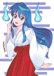  blue_eyes blue_hair fire ghost_sweeper_mikami hakama highres himuro_kinu hitodama japanese_clothes kimono long_hair merotenshi miko red_hakama sidelocks signature spiked_hair white_kimono wide_sleeves 