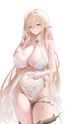  1girl absurdres ahoge azur_lane bare_shoulders between_breasts blonde_hair blush bra branch breasts cleavage collarbone commentary earrings elf gem gold_thighlet gouden_leeuw_(azur_lane) green_gemstone hair_between_eyes halterneck hand_in_own_hair hand_on_own_stomach hand_up hei_wuchang highres huge_breasts jewelry long_hair looking_at_viewer mole mole_under_eye navel no_panties parted_lips pelvic_curtain pointy_ears pubic_tattoo purple_eyes revealing_clothes see-through_clothes sidelocks simple_background single_earring solo standing stomach tattoo thighs underwear very_long_hair white_background white_bra 