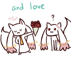 :3 ? blush bouquet bow comic english flower hair_bow kyubey lowres mahou_shoujo_madoka_magica necktie marriage_proposal rating:Sensitive score:0 user:danbooru