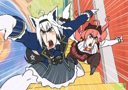  2girls ahoge animal_ear_piercing animal_ears black_hairband blue_jacket blush_stickers bow braid brown_hat brown_thighhighs buru-dai commentary_request crayon_shin-chan emphasis_lines fox_ears fox_girl fox_tail from_above gloves green_eyes grey_skirt hair_ornament hairband hairclip hashtag-only_commentary hat hololive jacket low_twintails miniskirt multiple_girls outstretched_arms pantyhose parody pink_hair red_skirt sakura_miko shirakami_fubuki side_braid signature skirt stairs style_parody tail tail_bow tail_ornament thighhighs twintails white_gloves white_hair white_pantyhose 