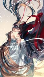  2boys absurdly_long_hair ahoge bishounen black_hair black_hanfu black_robe brown_hair chinese_clothes couple english_text eye_contact eyelashes face-to-face falling_petals floating floating_clothes floating_hair from_side gradient_background hair_ribbon half-closed_eyes hanfu headband high_ponytail highres lan_wangji light_particles long_hair long_sleeves looking_at_another male_focus mg_ms_dayo modao_zushi multiple_boys open_mouth parted_lips petals ponytail profile purple_eyes reaching reaching_towards_another red_ribbon ribbon robe sleeves_past_wrists smile tassel topknot twitter_username very_long_hair wei_wuxian white_hanfu white_headband white_ribbon white_robe wide_sleeves xiao_guan_(headdress) yaoi yaopei yellow_eyes 