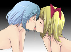  2girls blonde_hair blue_hair blush bow closed_eyes couple female_focus flandre_scarlet flat_chest french_kiss gustav_(telomere_na) hair_bow incest kiss leaning_forward loli multiple_girls nude remilia_scarlet saliva saliva_trail short_hair siblings side_ponytail sisters tongue touhou yuri  rating:Questionable score:105 user:danbooru
