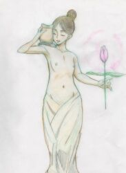  1girl absurdres breasts brown_hair closed_eyes colored_pencil_(medium) commentary_request flower hair_bun highres holding holding_flower jug_(bottle) nipples nishikawa_takashi original single_hair_bun skirt small_breasts solo topless_female traditional_media tulip 