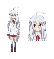  1girl absurdres ahoge anime_coloring black_socks brown_eyes closed_mouth commentary diamond_(shape) diamond_hair_ornament full_body hair_between_eyes hair_ornament highres himouto!_umaru-chan kongou_hikari loafers long_hair long_sleeves neck_ribbon official_art red_ribbon red_skirt ribbon school_uniform second-party_source shirt shoes simple_background skirt sleeves_past_fingers sleeves_past_wrists socks standing straight-on tachi-e very_long_hair white_background white_hair white_shirt 