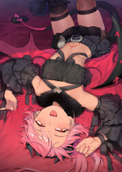  1girl blush breasts chloe_von_einzbern chloe_von_einzbern_(fgo_fes._2025) coffeekite dark-skinned_female dark_skin fate/grand_order fate_(series) highres long_hair looking_at_viewer lying navel on_back open_mouth orange_eyes pink_hair sidelocks small_breasts solo stomach_tattoo tattoo 
