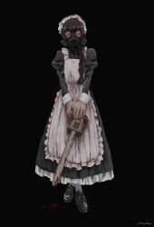  .flow 1girl absurdres apron black_background black_dress black_shoes blood bloody_weapon chainsaw dress facing_viewer frilled_dress frills full_body gas_mask highres holding holding_chainsaw juliet_sleeves loafers long_sleeves maid maid_(.flow) maid_apron maid_headdress mask mokq_z2 puffy_sleeves shoes simple_background socks solo weapon white_socks 