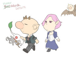  1girl 2boys bat_wings big_nose bioshock bioshock_(series) bioshock_infinite black_footwear black_shirt blonde_hair blue_jacket blue_skirt bodysuit boots brittany_(pikmin) brown_bodysuit brown_hair brown_wings character_request choker clenched_hand closed_eyes closed_mouth collared_jacket collared_vest colored_skin copyright_name cosplay creature dress_shoes elizabeth_(bioshock_infinite) elizabeth_(bioshock_infinite)_(cosplay) eyelashes flat_color flying full_body green_vest grey_pants holding holding_creature holding_tool jacket lapels leaf light_frown long_skirt long_sleeves looking_ahead louie_(pikmin) multiple_boys naru_(wish_field) neckerchief nintendo no_mouth notched_lapels olimar open_clothes open_jacket open_vest pants parody parted_lips pikmin_(creature) pikmin_(series) pink_hair pointy_ears pointy_nose purple_eyes red_eyes red_neckerchief sailor_collar sailor_shirt shirt short_hair simple_background skirt sleeves_rolled_up solid_circle_eyes square_neckline striped_clothes striped_pants vertical-striped_clothes vertical-striped_pants very_short_hair vest walking white_background white_choker white_pikmin white_sailor_collar white_shirt white_skin white_sleeve_cuffs wings 