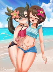  1futa 1girl absurdres cloud cum danzfloor ejaculation erection flower futa_with_female futanari gloria_(pokemon) gloria_(summer_2021)_(pokemon) hair_flower hair_ornament heart highres marnie_(pokemon) marnie_(summer_2021)_(pokemon) nail_polish nintendo ocean open_mouth outdoors penis pokemon pokemon_masters_ex saliva saliva_trail standing swimsuit water  rating:Explicit score:39 user:kiki1099