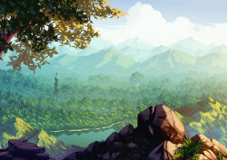  banjie chinese_commentary cloud commentary_request day forest forest_of_magic gensokyo grass lake landscape mountain nature no_humans outdoors rock scenery sky touhou tree water 