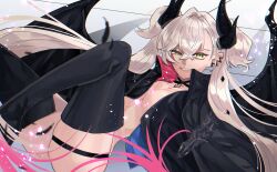  1girl black_choker black_jacket black_thighhighs body_markings breasts choker cleavage crossed_bangs demon_girl demon_horns demon_wings evil_grin evil_smile fate/grand_order fate_(series) garter_straps gradient_hair green_eyes grey_hair grin hair_around_horn hair_between_eyes half-closed_eye highres horns jacket legs_up lilith_(fate) lilith_(second_ascension)_(fate) long_hair lying moryo_1 multicolored_hair on_back piercing pink_hair pointy_ears smile solo stomach_tattoo tattoo tattoo_between_breasts thighhighs twintails two-tone_hair wings 