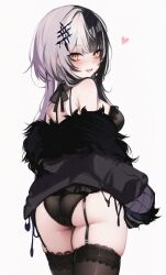  1girl ass bare_shoulders black_bra black_garter_belt black_hair black_jacket black_panties black_thighhighs blunt_bangs blush bra breasts from_behind fur-trimmed_jacket fur_trim garter_belt garter_straps grey_hair hair_ornament heart highres hololive hololive_english jacket koahri lace lace-trimmed_bra lace-trimmed_legwear lace-trimmed_panties lace_trim long_hair long_sleeves looking_at_viewer looking_back medium_breasts multicolored_hair no_pants off_shoulder open_mouth panties shiori_novella shiori_novella_(1st_costume) simple_background skindentation sleeves_past_fingers sleeves_past_wrists smile solo split-color_hair thighhighs two-tone_hair underwear virtual_youtuber white_background white_hair yellow_eyes  rating:Questionable score:127 user:danbooru