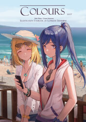  beach blonde_hair hat huanxiang_heitu jewelry long_hair love_live! love_live!_school_idol_project matsuura_kanan necklace ocean ohara_mari purple_hair sand sunglasses swimsuit 