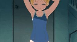 1girl animated animated_gif armpits arms_up ass ass_focus blonde_hair blue_eyes blue_one-piece_swimsuit chloe_(maidragon) closed_eyes flat_chest kobayashi-san_chi_no_maidragon loli one-piece_swimsuit ponytail school_swimsuit swimsuit tying_hair walking rating:Sensitive score:317 user:PuttHutt