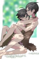  2boys ahoge black_hair blurry blurry_background brothers caveman commentary_request dappled_sunlight feet_out_of_frame full_body glasses grass green_background green_eyes head_on_chest highres hug incest itoshiki_mikoto itoshiki_nozomu light_blush looking_at_another male_focus multiple_boys open_mouth sayonara_zetsubou_sensei siblings sitting smile sunlight tomato_ebichiri white_background yaoi 